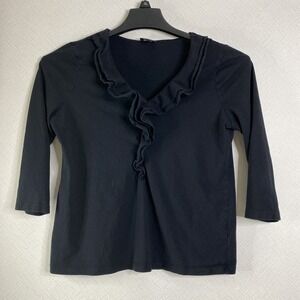 Talbots Blouse Womens Black Sz M Ruffle V-Neck Top 3/4 Sleeve Elegant Casual EUC
